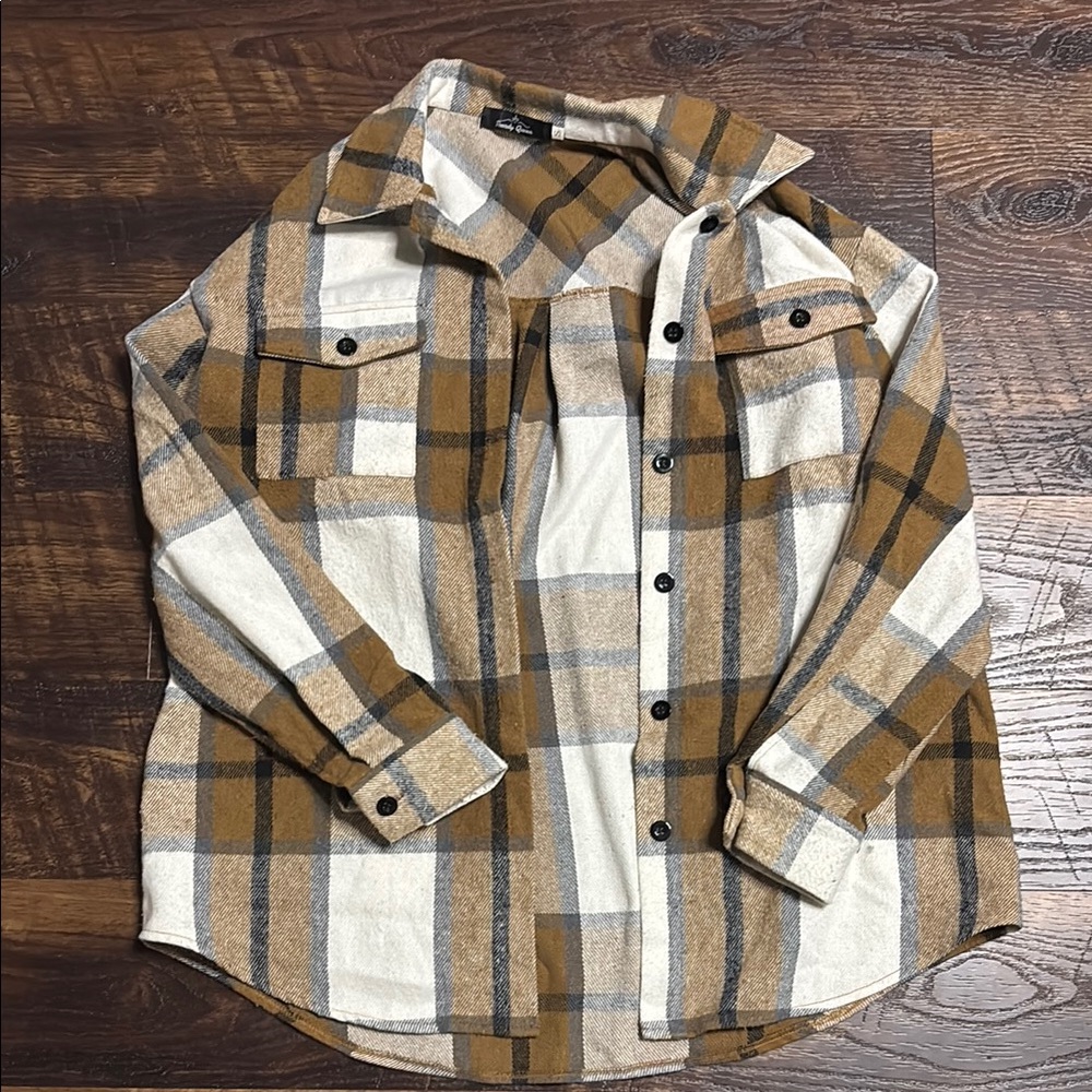 Plaid Button-Up Shirt - Brown and White